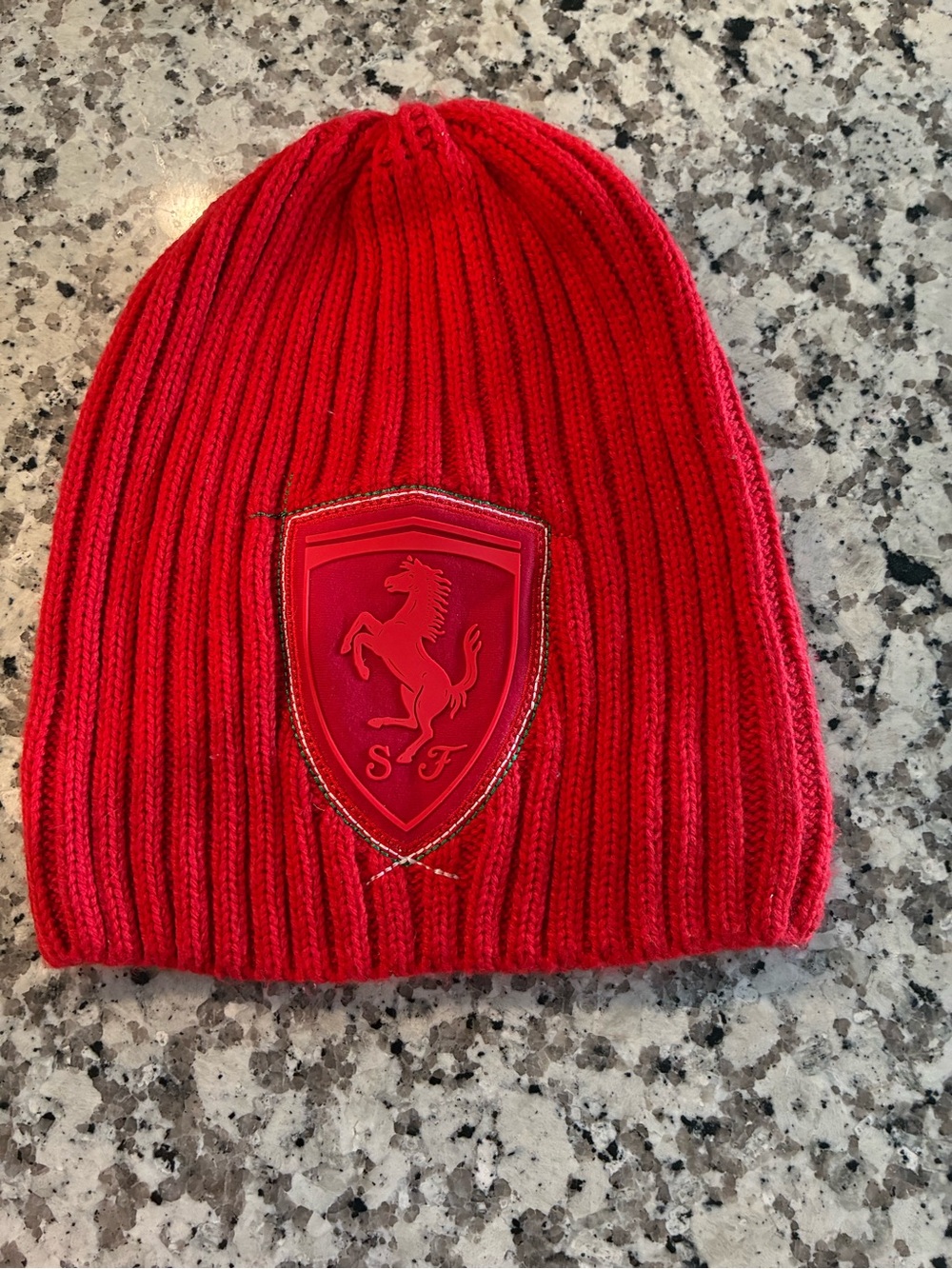 Puma Kids Red Ribbed Beanie with Shield Patch